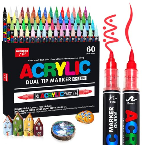VAKKI Lot de 60 marqueurs acryliques imperméables à double pointe - Marqueurs acryliques - Parfaits pour la peinture sur pierres, le verre, le bois, la céramique, le métal et la toile