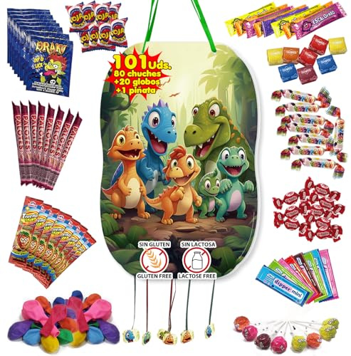 TROOKEE - Piñata Grande Cumpleaños Infantil de Dinosaurios con 80 Chuches y 20 Globos de 46x30cm - Ideal Para Fiestas, Cumpleaños, Bautizos y Comuniones Para Niños y Niñas - Sin Glúten, Sin Lactosa