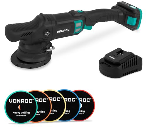 VONROC Roterande polermaskin 20 V Ø 125 mm | Borstlös motor, 7 hastigheter, Soft Start | perfekt för bil, båtar, möbler, harts inkl. 2,0 Ah batteri och laddare