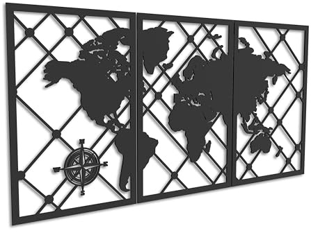 Kajaro - Set Quadri Moderni Soggiorno - Decorazioni Parete Set 3 Pezzi - Stampe da Parete - Decorazioni Camera da Letto - 1200x600 mm, Mappa del Mondo + Quadro Aggiuntivo