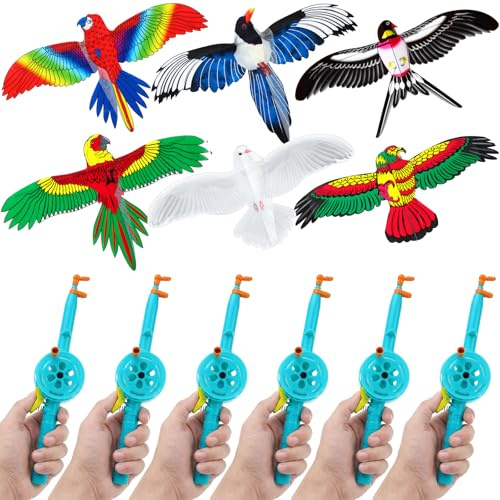 Simgoing 6 Pcs Mini Fishing Rod Kite for Kids Ages 4-12 - 12 Inch Portable Handle Kites with 30m String, Easy to Fly for Spring Outdoor Beach, Family Reunion, Team Building Activities, Picnic, Camping