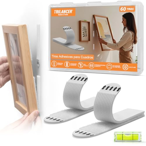 Trilancer Strisce Adesive per Appendere Quadri 30 Paia Taglia L, Forte Tenuta, Senza Chiodi né Attrezzi Senza Danni al Muro Rimovibili, con Livella, per Cornici, Decorazioni Poster e Superfici Lisce