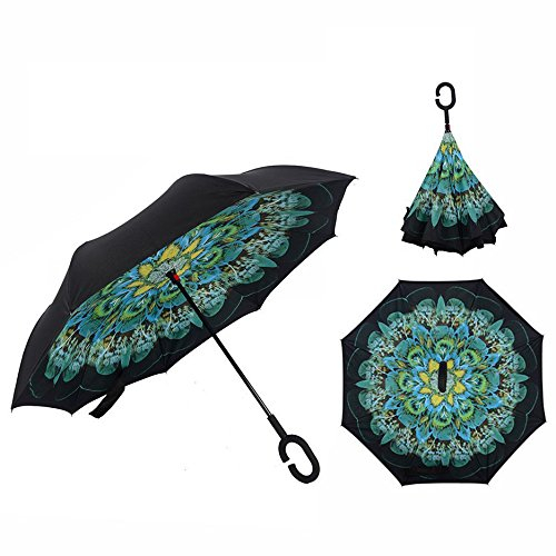 Cisixin Parapluie Inversé avec Mains Libres Poignée en Forme C, Double Couche Coupe-Vent Anti-UV Soleil, Parapluie Canne Idéal pour Voyage et Voiture (Paon)