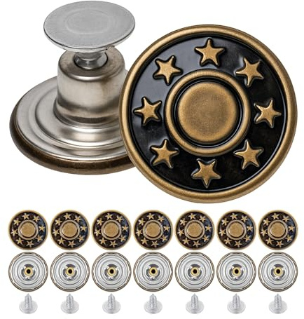 Byxersättningsknappar för nitning, 8-pack, Ø 17 mm jeansknappar i mässing, bronsfärgade, jeansknapp med nitar, jeansknapp för att slå in, byxknapp i metall, gör byxan bredare, robusta byxknappar