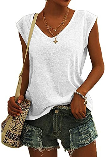 KOG Bluse Damen Elegant Ärmellose T-Shirt Shirt Casual Weiß Oberteile mit Flügelärmeln Frauen Schwarz Kleidung Frau Grau Sommer Shirts Top Damen V-Ausschnitte Tshirt Klamotten Weiß M
