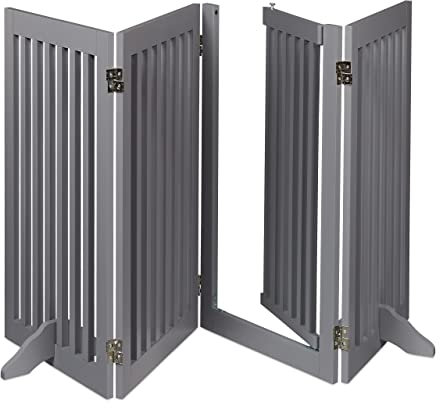 Relaxdays Absperrgitter, HxB: 92 x 207 cm, faltbar, mit Tür & Füßen, freistehendes Hunde Schutzgitter, Türgitter, grau