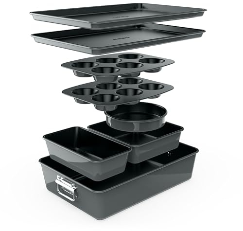 NutriChef Set Padelle Antiaderenti 8 Pezzi, Teglie da Forno Antiaderenti, Teglia Rotonda, Plumcake, Muffin, Teglie Rettangolari/Quadrate, Teglia Biscotti, Grigio