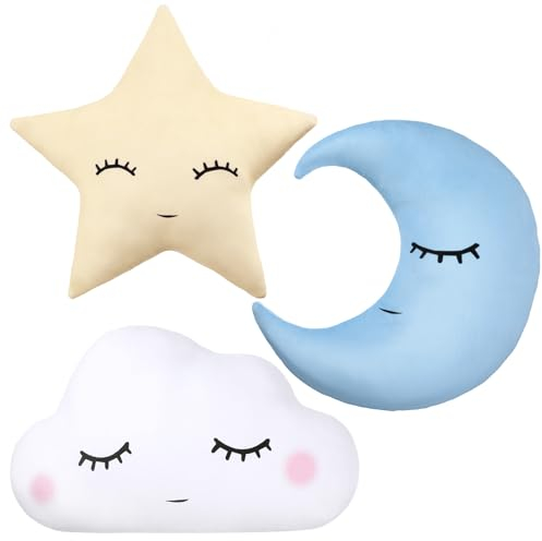Chunful 3 Pcs Moon Star Cloud Plush Pillows Soft Stuffed Nursery Decor Cushions for Bedroom Home Decor(Blue Yellow White)