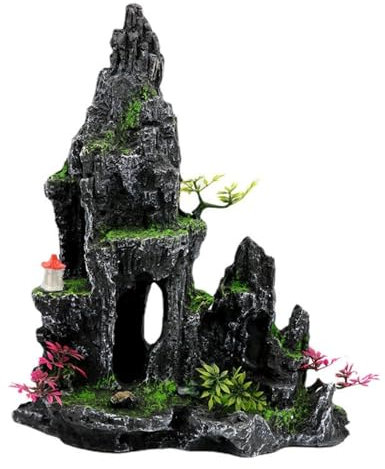 Saim Große Aquarium-Dekoration, Bergblick, Steinornament mit künstlichen Kunststoffpflanzen für Fischhaus, Versteckhöhle, mittlere große Gallonen-Tanks – A