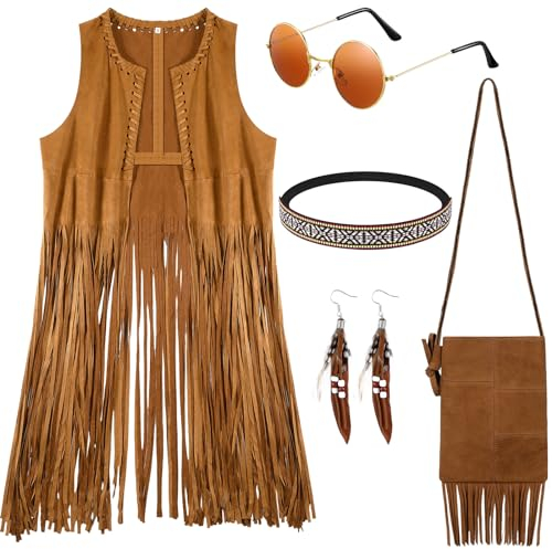 Sintege 5er Set 60er 70er Damen Hippie Kostüm Karneval Kostüm inklusive Disco Boho Fransenweste Quastentasche Stirnband Sonnenbrille Ohrringe Halskette Bohemian Outfit Accessoires für Halloween (L)