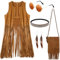 Sintege 5er Set 60er 70er Damen Hippie Kostüm Karneval Kostüm inklusive Disco Boho Fransenweste Quastentasche Stirnband Sonnenbrille Ohrringe Halskette Bohemian Outfit Accessoires für Halloween (L)