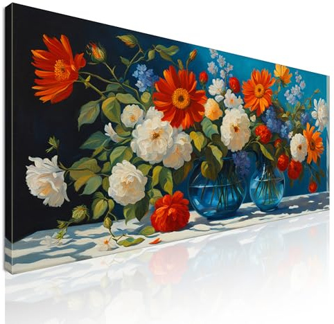 Quadro natura morta xxl, quadro vegetazione, Composizione di Fiori Vivaci in Vasi di Vetro Blu, su tela, intelaiato pronto da appendere bow13-105x50 cm