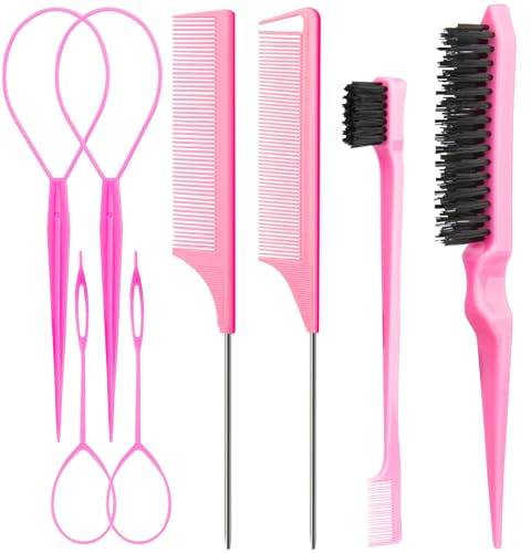 Aigee 8Pcs Hair Styling Combs Set Include 4Pcs Topsy Hair Tail Tools 2 Styles of Rat Tail Comb,1Pcs Bristle Teasing Slick Back hair Brush,1Pcs Edge Control Brush,Eyebrow Brush for Woman Girl Pink