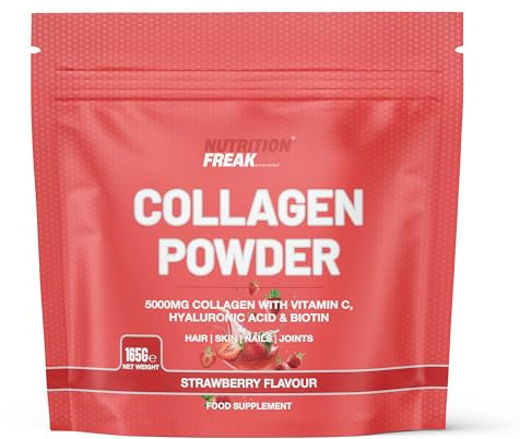 Nutrition Freak Collagen - Collagen Peptides Powder with Glow Blend (Hyaluronic Acid, Vitamin C & Biotin), 5000mg Hydrolysed Bovine Collagen per Serving, Strawberry Flavour, 30 Servings (165g)