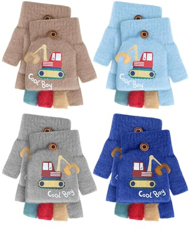 Geyoga 4 Pairs Kids Fingerless Gloves Winter Convertible Knit Flap Mittens Toddler Half Finger Mitten for Aged 3-10(Excavator Style)
