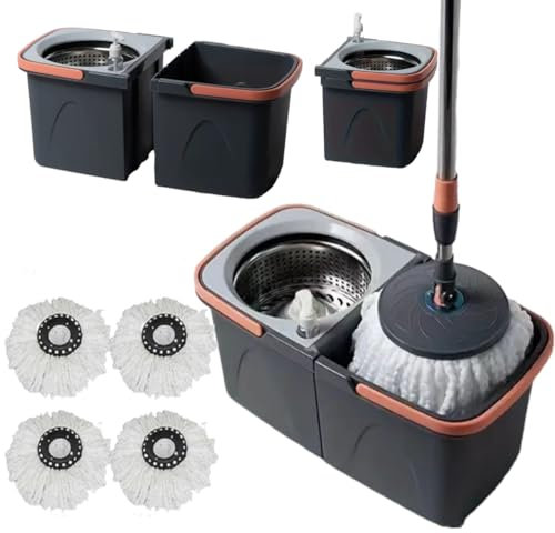 *NEW* SWISSPACK Revolving Spin Mop and Bucket With .5. Extra Pads Perfect For Easy Cleaning. Clean and Dirty Water Separtered For Perfect Finish (ORANGE-GREY) (ORANGE-GREY 4)