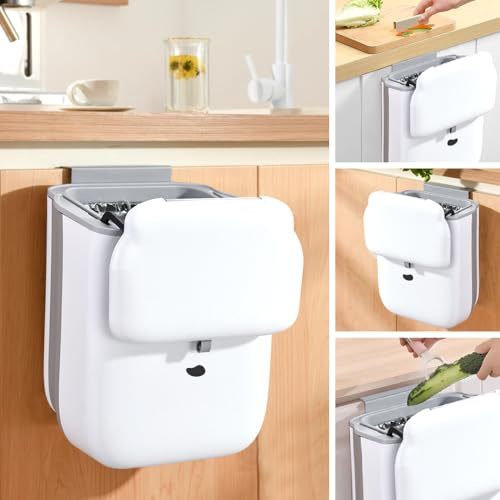 Vninkul Pattumiera Cucina Pieghevole da 10L,Pattumiera da Appendere Anta Cucina,Cestino Porta Rifiuti Pieghevole con Coperchio per Cucina, Bagno, Camper e Armadi (Bianco)