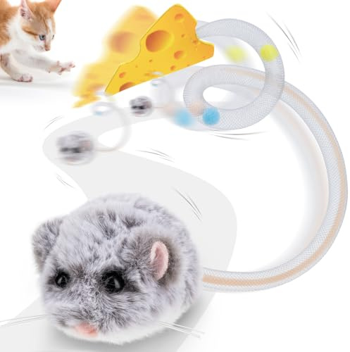 Migipaws Giocattolo interattivo per gatti, topolino elettrico con coda che si muove, sensore intelligente, squittio, giocattolo per gatti con erba gatta, ricaricabile