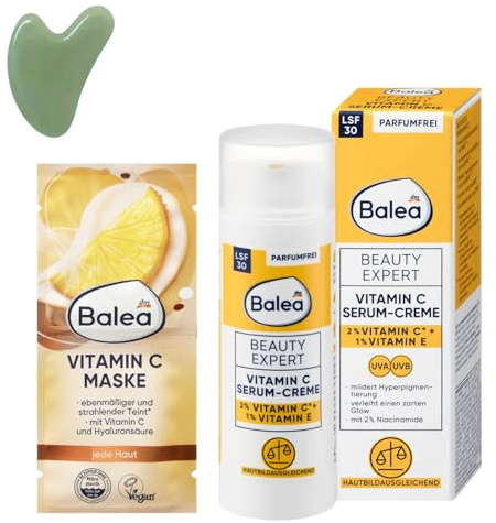 Balea 2er-Set – Beauty Expert Vitamin C Serum-Creme LSF 30 (50 ml) + Gesichtsmaske Vitamin C (16 ml) + Bonus Gua Sha Gesichtsmassager