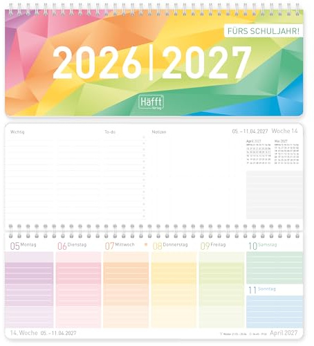 Häfft® Wochen-Tischkalender Schuljahr 2026/2027 Rainbow im Quer-Format, 1 Woche auf 2 Seiten - Wochenkalender, Schreibtisch-Kalender Schule - nachhaltig & klimafreundlich