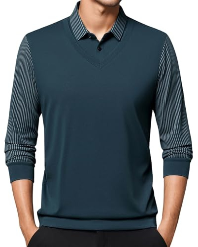 Mymyguoe Maglione da uomo 2 in 1, camicia con colletto, inserto morbido, maglione invernale, maglione da lavoro, maglia fine, maglione con colletto, Q3 blu navy, 4XL