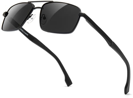 SUNGAIT Classic Square Aviator Sunglasses for Men Women Polarized with Spring Hing UV400 Protection (Black Frame/Grey Lens)