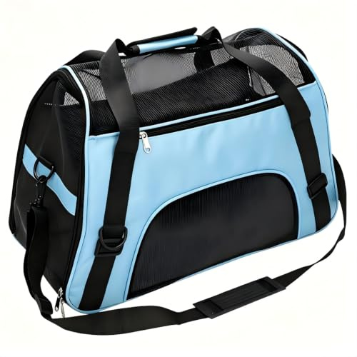 Expandable Foldable Pet Travel Carrier 55x34x25cm Oxford Cloth Breathable Mesh Cat Puppy Bag Multi Carry Straps Safety Clip Soft Transport Tote for Small Kittens Dogs Vet Car Trips (Blue)