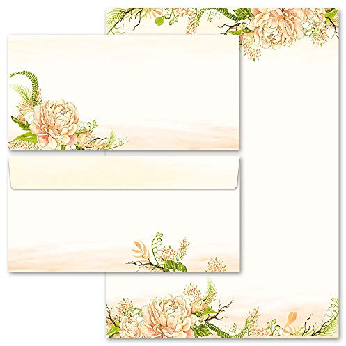 Motivo-set di cancelleria Motivo rosa Fiori & Petali, PEONIE 50 fogli di carta da lettera e 50 buste DIN LANG (senza finestra) | Paper-Media