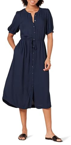Amazon Essentials Women's Relaxed Fit Half-Sleeve Waisted Midi A-Line Dress, Navy, Large
