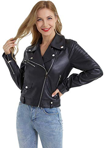 DIASHINY Black Cropped Faux Leather Jacket For Women PU Slim Zip Up Moto Biker Coat Motorcycle Crop Short Jacket 013 XXX-Large