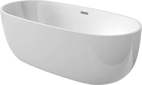 VBChome Badewanne 150x73 cm Weiß Acryl SET Premium Badewanne Freistehend Eingebauter Überlauf Siphon Inklusive Modern Komfort Elegant Top Qualität
