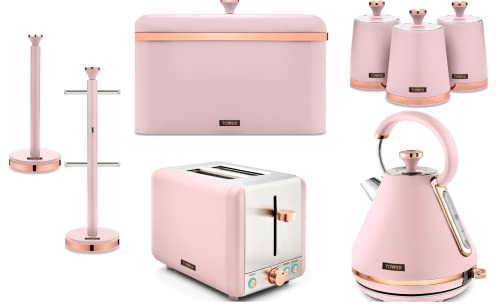 Tower Cavaletto Pink Pyramid Kettle, 2 Slice Toaster, Bread Bin, Set of 3 Canisters, Mug Tree & Towel Pole. New Matching Set of 8 Kitchen Items in Pink & Rose Gold