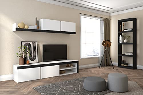 Skraut Home | Conjunto de Salón Modular IDEM y Estantería Totem| Mueble TV | Muebles de Salón Color Blanco/Negro | Biblioteca Color Negro | 200x40x180cm / 60x25x181cm