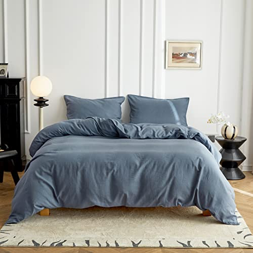 Simple&Opulence Linen Duvet Cover Double,Natural Linen Cotton Duvet Cover with Pillowcase,Duble Size Bedding Set,Soft Warm Breathable Bed Quilt Cover with Button Closure,200x200cm,Navy Blue