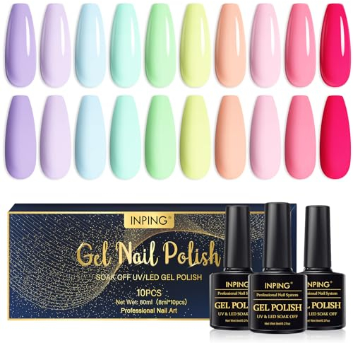 INPING Smalto Semipermante Per Unghie Pastel, 10 Colori Smalto per UV Unghie Primavera Estate Pastel Destra Rosa Verde Giallo Viola per Starter DIY Nail Salon Vernice per Unghie Set