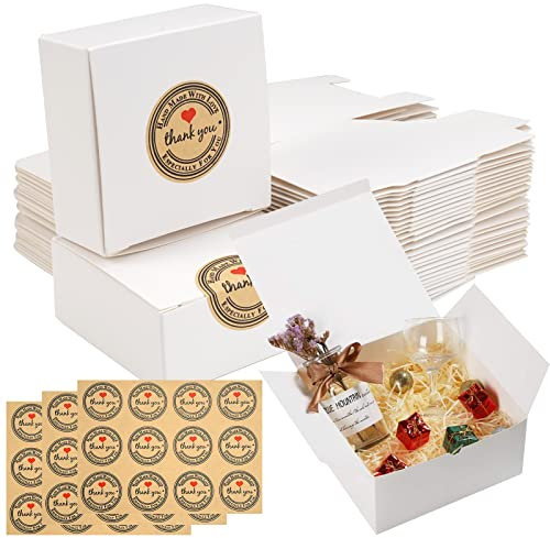 30 Stück Geschenkbox Weiß Klein Schachteln 7x7x3cm Faltschachtel Kraftpapier Schachtel, Mini Geschenkbox mit 36 Aufkleber, Geschenkbox Verpackungsbox für Geburtstag, Hochzeit