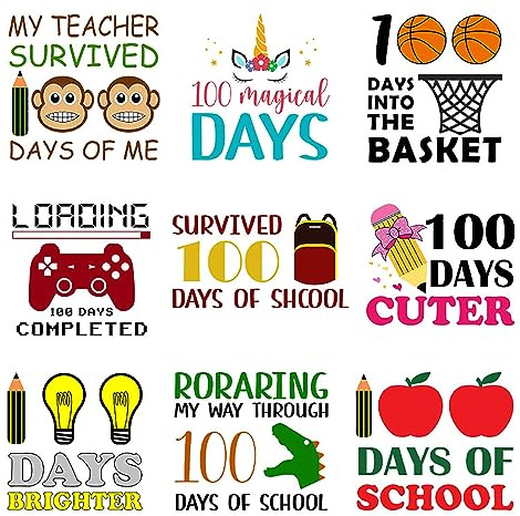 9Pcs 100 Day School Iron on Transfers Decals DIY Iron on Decals Heat Transfer Sticker for Clothes Bag Decorations Patches Appliques