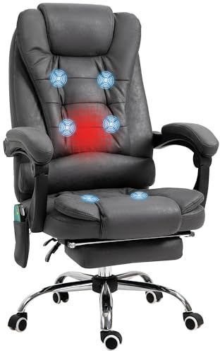 Vinsetto Fauteuil de Bureau massant et Chauffant, Chaise de Bureau Ergonomique Hauteur réglable, Dossier inclinable, Repose-Pieds, télécommande Filaire, pivotant 360°, Tissu en Microfibre, Gris foncé