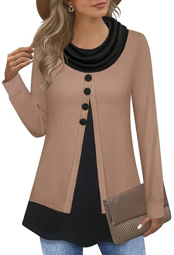 Datuhao Maglia a tunica da donna, a maniche lunghe, elegante, 2 in 1, con collo sciallato, patchwork, marrone, XL