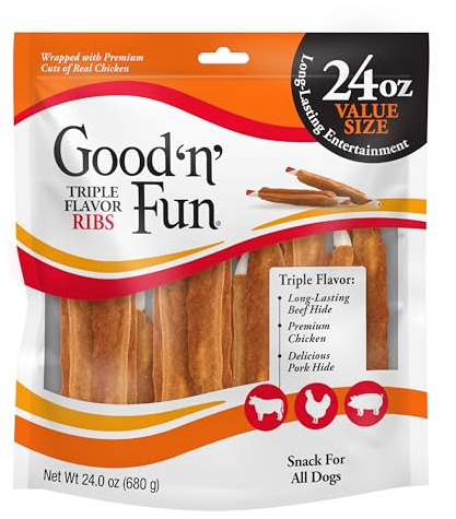 GOOD 'N' FUN Triple Flavor Ribs Chews for All Dogs, 24 Ounces, Treat Your Dog to Long-Lasting Chews Made with Beef Hide, Chicken and Pork Hide
