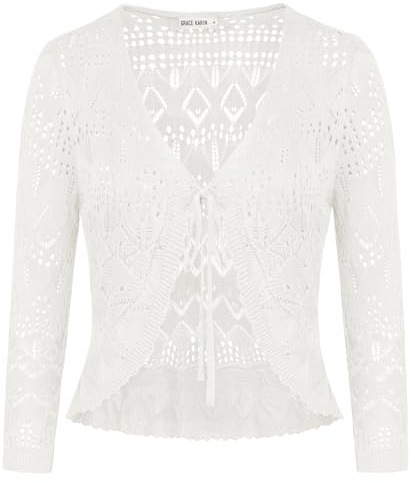 GRACE KARIN Women Summer Knitting Shrugs Bolero 3/4 Sleeve V-Neck Lace-up Cardigan for Evening Dress Ivory S