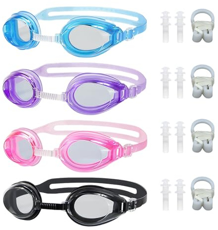 Lot de 4 lunettes de natation pour enfants 4 jeux de bouchons de nez et clips d'oreille, lunettes étanches en silicone réglables plage, piscine, parc aquatique