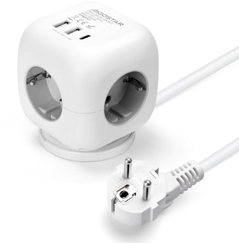 Aigostar Cubo Regletas Enchufes con Interruptor Regleta 3 Tomas, USB 2A+1C, Cable de 1.5M Regreltas, Oficia, Casa