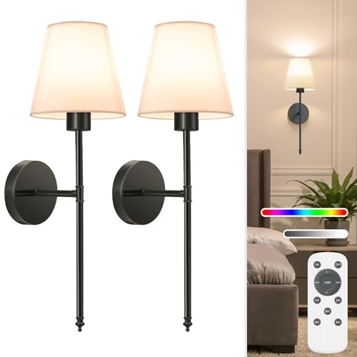 NIORSUN 19.9 inch Battery Operated Wall Light, Black Rechargeable Wall Lights Indoor with 5200mAh Dimmable Detachable Bulbs and Remote, 9 Colours Wall Lights for Bedroom Living Room Hallway