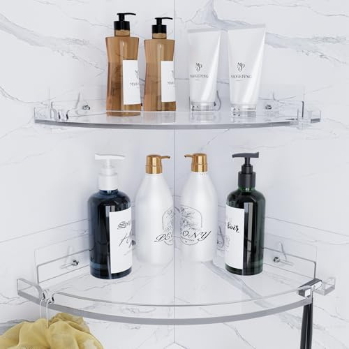 YAWSOUP Acrylic Corner Shower Shelves, Adhesive Shower Caddy Organizer for Bathroom Storage Home Decor, Clear Rustproof No Drilling Wall Shelf, 2-Pack