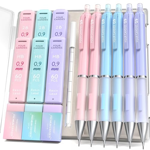 Four Candies 6 Crayons Mignons avec 360 Recharges HB et 2B, 3 Gommes Pastel et 9 Recharges, Fournitures Scolaires Esthétiques