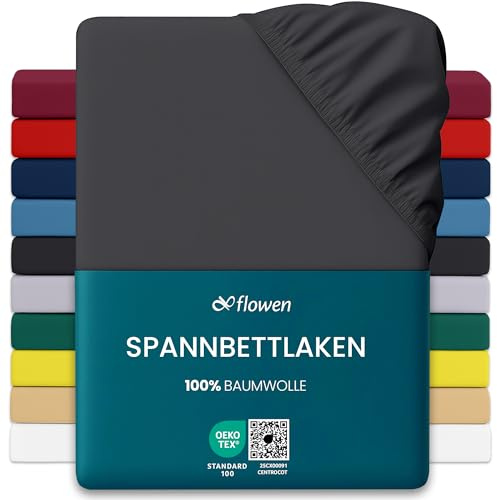 Flowen Jersey Spannbettlaken 120x190cm | Spannbetttuch 100% Baumwolle Rundumgummizug | Bettlaken 30cm Steghöhe Tiefe Tasche | Oeko-Tex Zertifiziert Weich Elastisch Atmungsaktiv Bügelfrei (Dunkelgrau)