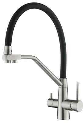 TINMAGI Rubinetto Lavello Cucina 3 Vie, 3 in 1 Miscelatore Cucina Estraibile per Acqua Potabile, Rubinetti ad Alta Pressione Girevole a 360 °, con Beccuccio Flessibile, Nichel Spazzolato