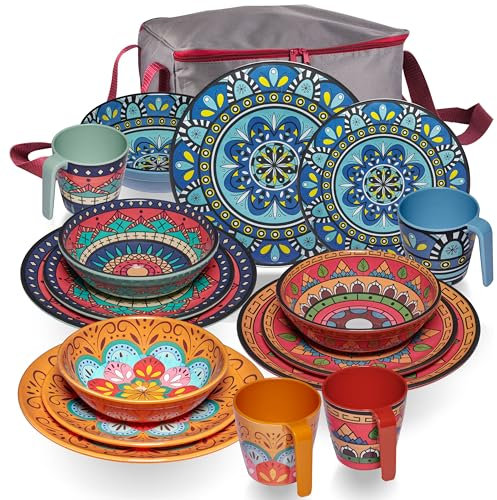 Melamin Geschirr Set Toskana Pastel für 4 Personen - 17 Teile mit Tasche - BUNT - Mandala-Optik Spülmaschinengeeignet Essgeschirr Zubehör Campinggeschirr Wohnwagen Camping Festival Picknick Party