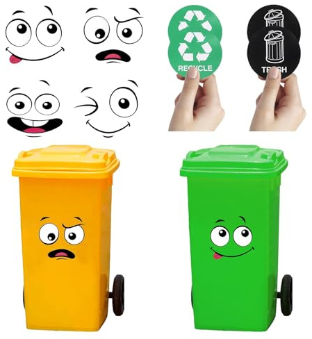 8 Sheets Wheelie Bin Stickers Adhesive Cartoon Expressions Dustbin Sticker Decorative Wall Stickers Eyes and Mouth DIY Large Decal for Fridge Bins Wall, Indoor Outdoor
